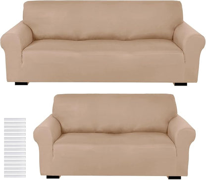 Peryiter 2 Pcs Couch and Loveseat Sofa Covers,Sand Color,Milk Silk | Armchair Covers for Living Room, Sofa Cushion Slipcover 2/3 Seater, Furniture Protector, Polyester and Spandex, Washable