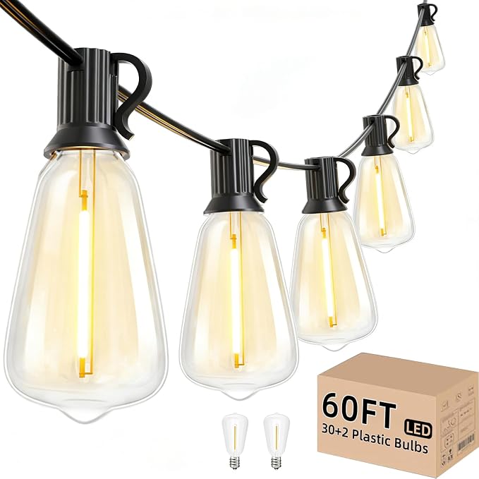 Svater Outdoor String Lights 60 FT, Patio Light with 32 Bulbs Waterproof | Shatterproof ST38 Vintage Edison Bulb, Hanging Lighting Connectable For Outside Bistro Cafe Market Porch, 2700K