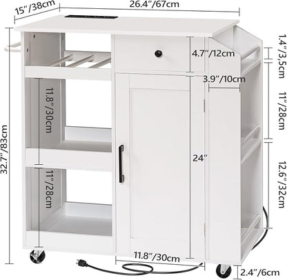 MAHANCRIS Kitchen Island with Power Outlet, Kitchen Storage Island with Drawer, Rolling Kitchen Cart on Wheels, Spice Rack, Towel Rack, Wine Rack, for Dining Room, White KIWT122E01