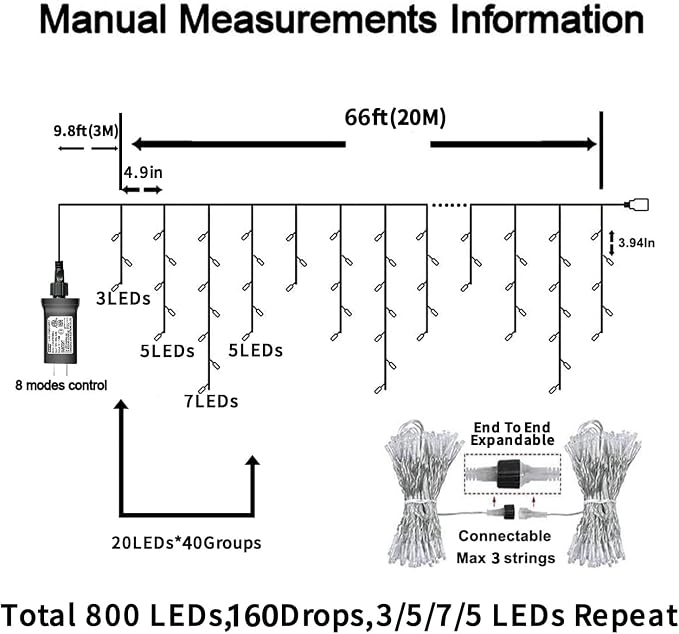 YEGUO 66ft 800 LED Icicle Lights Outdoor Waterproof, 160 Drops Icicle Christmas Light Connectable, 8 Modes White Icicle Xmas Lights with Timer Memory