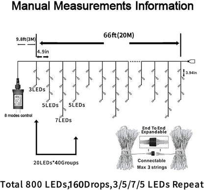 YEGUO 66ft 800 LED Icicle Lights Outdoor Waterproof, 160 Drops Icicle Christmas Light Connectable, 8 Modes White Icicle Xmas Lights with Timer Memory