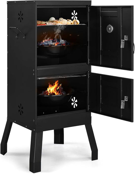 Vertical Charcoal Grill & Smoker, Outdoor Backyard BBQ with Double Doors, Detachable Racks, Thermometer and Adjustable Air Vents for Smoking and Grilling, Black