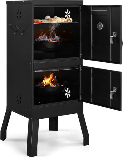 Portable Grill Cooker, BBQ Smoker Grill, Outdoor Smoker Cabinet with Double Doors, Detachable Grill Netting Smoking Racks, Charcoal Pan & Water Pan, Charcoal Smoker for Barbecue Camping Backyard Grill
