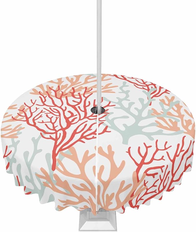 Red Orange Grey Coral Coastal Outdoor Tablecloth - 60 Inch Round Waterproof Dining Table Cover, Summer Beach Seaside Nautical Outdoor Table Cloth with Umbrella Hole & Zipper for Patio