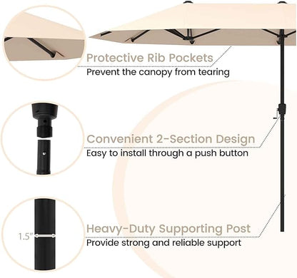 Tangkula 13 FT Large Patio Umbrella, Outdoor Double-Sided Table Market Umbrella w/Crank Handle, 12 Heavy-Duty Ribs, Sun-Protective Rectangular Twin Parasol for Garden Deck Lawn Poolside (Beige)