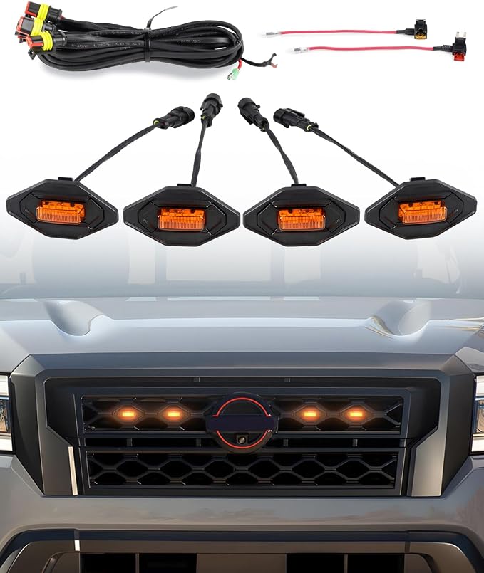 Seven Sparta LED Grill Lights Compatible with 2022-2024 Nissan Frontier S SV PRO-X PRO-4X SL Long Bed SV Hardbody Edition OEM Grille, Nissan Frontier Accessories (Amber Shell with Amber Lights)