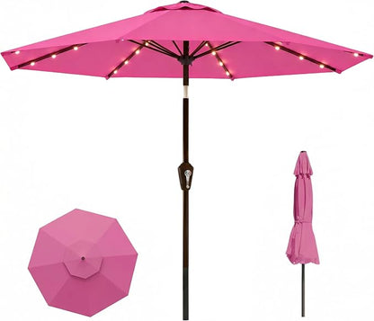 11FT Solar Lighted Patio Umbrella, Outdoor Table Market Umbrellas with Crank Lift, 32 LED Lights, 8 Sturdy Ribs, UV-Resistant for Deck, Garden, Pool