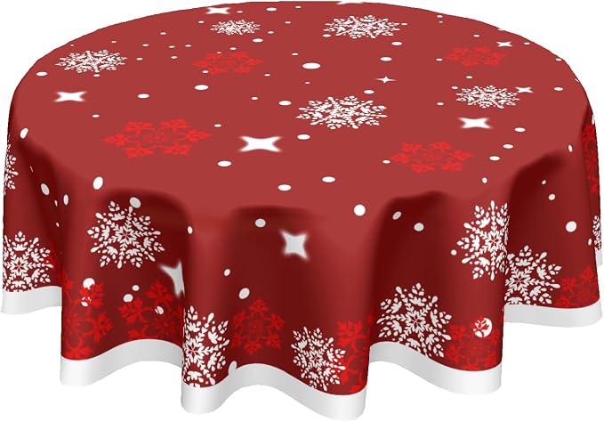 Sweetshow Xmas Table Cloth Round Winter Red White Snowflake Stars Tablecloth 60 Inch Decor Washable Stain and Wrinkle Resistant Round Table Cover for Dining Picnic
