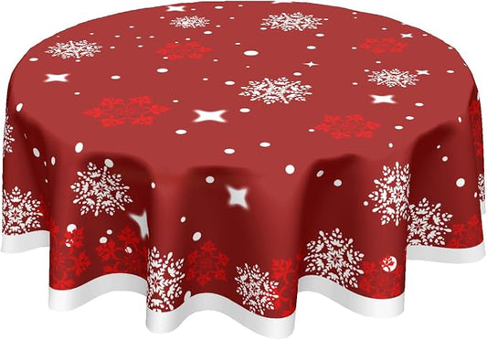 Sweetshow Xmas Table Cloth Round Winter Red White Snowflake Stars Tablecloth 60 Inch Decor Washable Stain and Wrinkle Resistant Round Table Cover for Dining Picnic