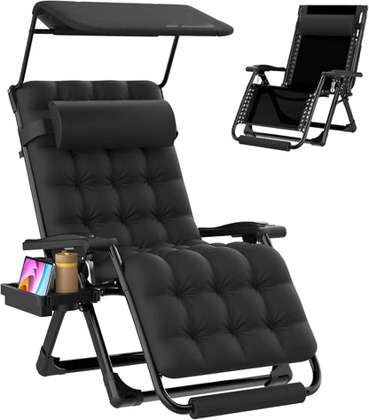 Suteck Zero Gravity Chair with Canopy, 29In XL Oversized Lounge Chairs | w/Removable Cushion&Headrest, Upgraded Lock and Footrest, Folding Reclining Patio Chairs Recliner for Indoor Outdoor