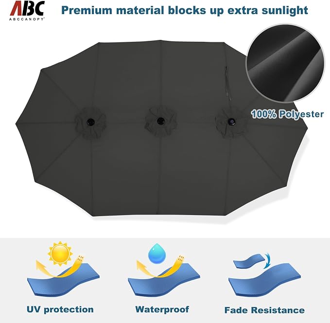 ABCCANOPY 15FT Double-Sided Rectangle Patio Umbrella with Base, Dark Gray | Rectangular Outdoor Table Umbrella with Crank, Heavy Duty Market Umbrella Shade for Garden,Poolside, Lawn, Backyard