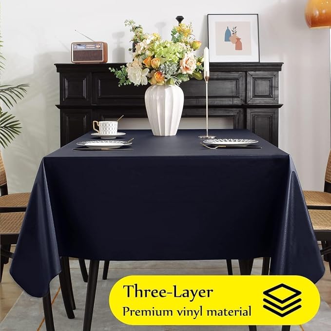 SASTYBALE Navy Blue Vinyl Tablecloth with Flannel Backing, 52 x 70 Inch | Waterproof PVC Surface, Wipeable Rectangular Table Cover for Kitchen, Dining, Patio, BBQ, Picnic and Party Use