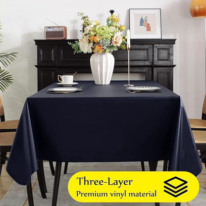 SASTYBALE Navy Blue Vinyl Tablecloth with Flannel Backing, 52 x 70 Inch | Waterproof PVC Surface, Wipeable Rectangular Table Cover for Kitchen, Dining, Patio, BBQ, Picnic and Party Use