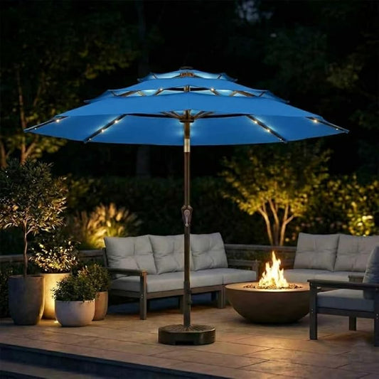 10ft 3-Tier Patio Umbrella with 32 Solar Powered LED Lights, Windproof Outdoor Market Umbrella for Deck, Poolside & Garden, Sturdy Push-Button Tilt Table Umbrella, Royal Blue