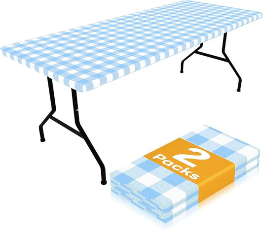 Smiry Picnic Table Cloth 2 Pack, Waterproof Elastic Fitted Tablecloths for 6FT Rectangle Tables, Washable Polyester Buffalo Plaid Tablecloth for Camping & Outdoor (Light Blue & White, 30" x 72")