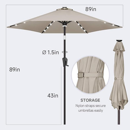 FLAME&SHADE Solar Patio Umbrella with Centre Light, 7.5 FT Taupe | UV Protection, Small Solar Outdoor Umbrella for Porch, Deck, Backyard, Garden, Provides Evening Lighting, 24 LED Lights