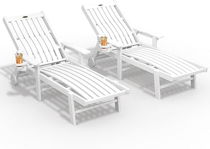 THOEOE Patio Chaise Lounge Chair Set of 2, Oversized Lounge Chair Outdoor with 5 Positions, 78″ Long, HDPE, Patio Lounge Chair with Wheels & Cup Holder for Pool, Deck, Poolside,White