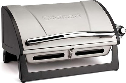 Cuisinart Grillster Portable Gas Grill, Stainless Steel Compact BBQ Grill with Locking Lid for Easy Transport, 8000 BTU Propane Grill with Dishwasher Safe Cooking Grate, Small Grill for Camping & BBQ
