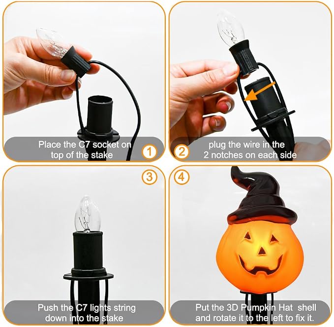 Halloween Hooded Pumpkin Pathway Lights Outdoor, 7Ft C7 Outdoor Halloween Decorations Pathway String Lights with 4 Jack O Lantern Pumpkin Stakes Lights for Garden Yard Walkway Lawn Party Driveway