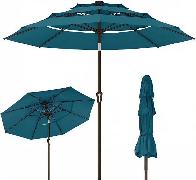 Kingdura 9ft 3-Tier Patio Umbrella, Outdoor Table Umbrella with Easy Crank & Tilt, 8 Reinforced Ribs, UV Protection for Deck, Pool, Market, Backyard (Lake blue)