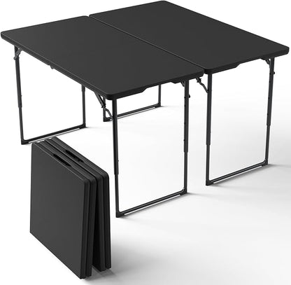2 Pack Folding Table, 4FT Foldable Picnic Table with Adjustable Height, Heavy Duty Fold-in-Half Portable Table for Weddings, Camping, RV Travel, Parties, BBQs, Easy to Fold and Store, Black