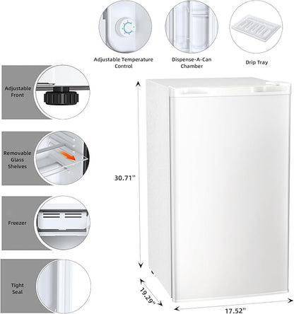 Antarctic Star Mini Compact Refrigerator with Freezer, 3.2 Cu.Ft. Single Door with Adjustable Thermostat,Removable Glass Shelves for Apartment/Dorm/Office,WHITE