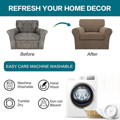 Turquoize 2 Piece Chair Covers Armchair Slipcovers for Living Room Armchair Sofa Cover with Individual Cushion Covers Feature Jacquard Fabric (Chair, Macchiato)