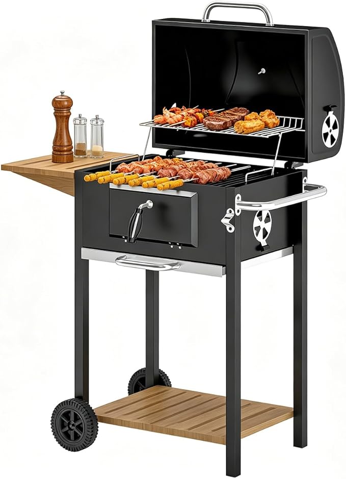 Portable Charcoal Grill with Foldable Side Shelf & Bottom Shelf, BBQ Smoker with Wheels and Adjustable Lid Vents for Picnic, Camping, Backyard Cooking (37" W x 20.5" D x 42.1" H)
