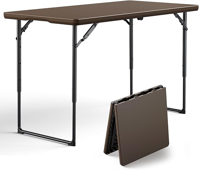 Folding Table 4FT Heavy Duty Plastic Table with Handle, Foldable&Portable, Fold-in-Half Utility Tables for Outdoor, Dining, Wedding, Events, Indoor, Picnic, Camping, Party, Brown