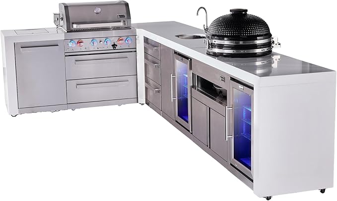 Mont Alpi Premium 4-Burner 82"x146" L-Shaped Deluxe Stainless Steel Modular Outdoor Kitchen Island BBQ Grill + Beverage Center Faucet & Sink + Refrigerator + Kamado Module + Storage Drawers & Cabinets