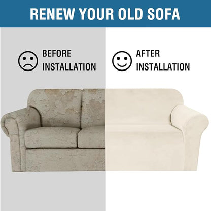 H.VERSAILTEX Stretch Velvet Sofa Covers Large Couch Covers Furniture Protector Soft with Non Slip Elastic Bottom, Feature Thick Comfy Rich Velour (Extra Large Sofa 98"-105", Cream)