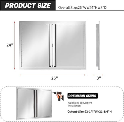 Outdoor Kitchen Double Access Door Stainless Steel BBQ Door Without Handle, 26W 24H inch Double Wall Cabinet Grill Station or BBQ Island