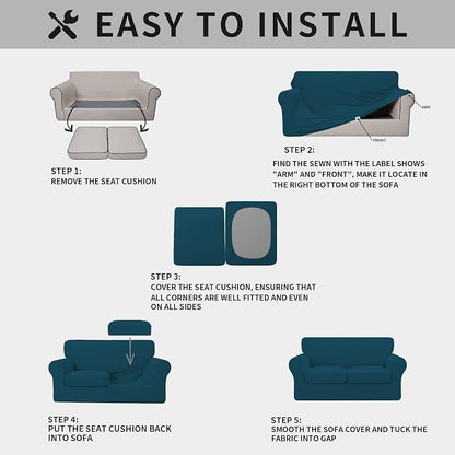 ISSUNTEX 3 Pieces High Stretch Thicken Loveseat Couch Covers, Soft Sofa Slipcover for 2 Separate Cushion Couch, Jacquard Fabric Elastic Sofa Cover Furniture Protector for Dogs (Loveseat, Peacock Blue)