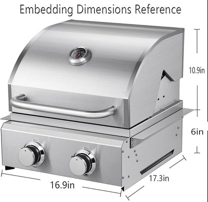2-Burner Built in Grill, Stainless Steel Propane Grill with Drawer-Style Oil Drip Tray, 20,000 BTU for Patio Backyard Parties Barbecue