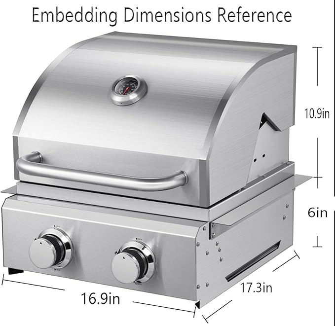2 Burner Propane Gas Grill, Built-In Head BBQ, 304 Stainless Steel 20,000BTUs,Island Natural Gas Convertible Outdoor Kitchen Island Family Cooking