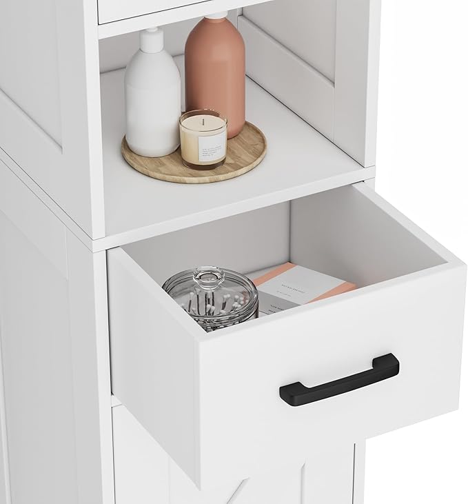 Homhedy 67" H Tall Bathroom Storage Cabinet with Barn Doors and Drawer | Narrow Storage Unit with Adjustable Shelves, Floor Cabinet for Bathroom, Living Room, Entryway or Kitchen, White, 11.8" W