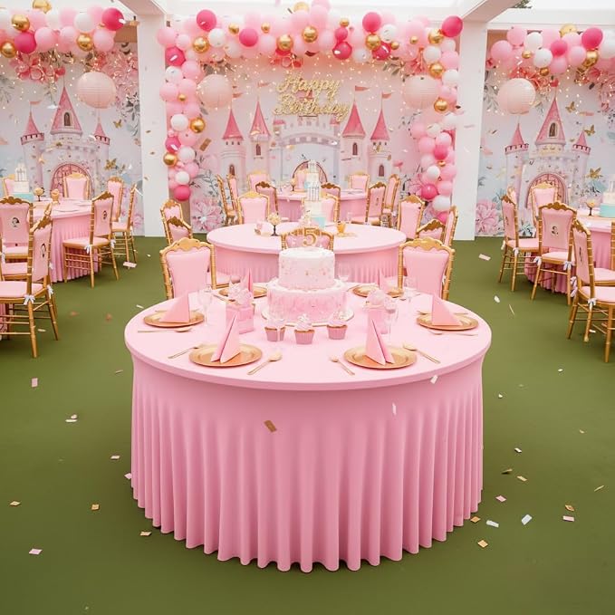 Fitted Pink Spandex Table Skirts for Wedding Party,60 Inch Round,6 Pack | Spandex Table Covers, For 5 Ft Wedding Cake Tables, Wrinkle Resistant, Ruffle Design Banquets, Baby Showers, Parties