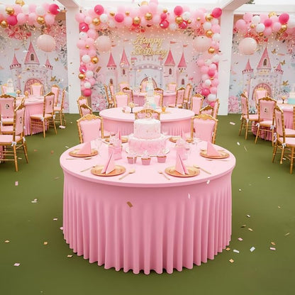 Fitted Pink Spandex Table Skirts for Wedding Party,60 Inch Round,6 Pack | Spandex Table Covers, For 5 Ft Wedding Cake Tables, Wrinkle Resistant, Ruffle Design Banquets, Baby Showers, Parties