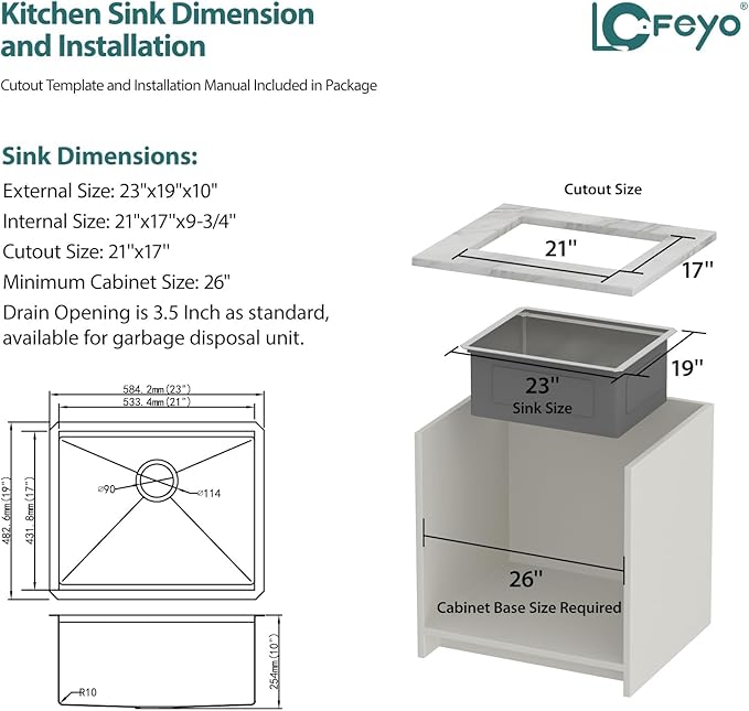 23x19 Inch Kitchen Sink Undermount Small Wet Bar Sink Workstation 16 Gauge 304 Stainless Steel Handmade Contemporary Ledge Single Bowl Deep Sink