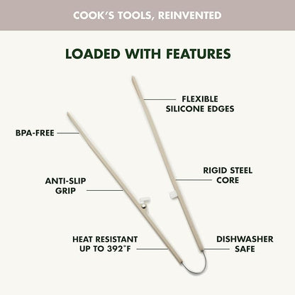 GreenPan Silicone Tong, Cooking Grilling Serving, Salad, Kitchen Utensil, Flexible Rubber Nonstick Cookware, Rigid Steel Core, Heat-Resistant, Anti-Slip Handle, BPA-Free, Dishwasher Safe, Taupe