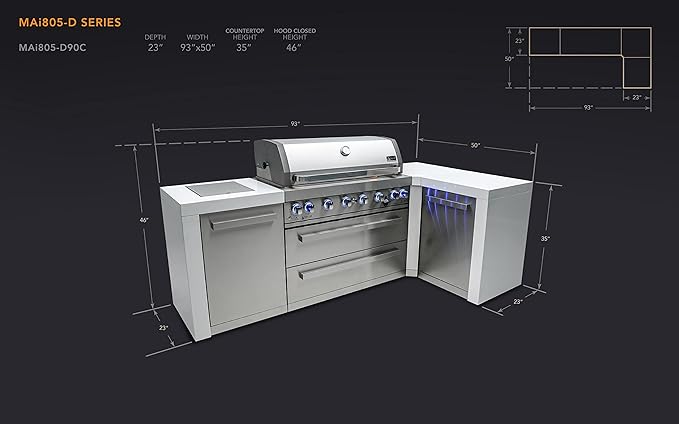 Mont Alpi Premium 94"W x 50"D Deluxe Stainless Steel L-shaped Modular Outdoor Kitchen Island with Infrared Side Burner + 44"W 6-Burner BBQ Gas Grill + Granite Countertops + Storage Cabinets & Drawers