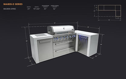 Mont Alpi Premium 94"W x 50"D Deluxe Stainless Steel L-shaped Modular Outdoor Kitchen Island with Infrared Side Burner + 44"W 6-Burner BBQ Gas Grill + Granite Countertops + Storage Cabinets & Drawers