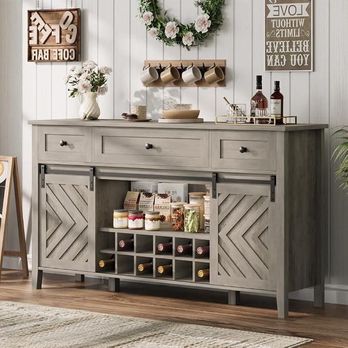 CABIHOME Farmhouse 47.2'' Buffet Cabinet with Sliding Barn Door, 33.4'' Tall Wood Rustic Sideboard with 3 Drawer, Adjustable Shelf and Removable Wine Rack (Vintage, 59'')