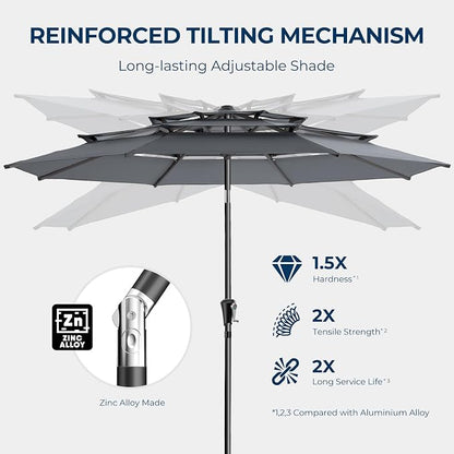 9FT 3-Tier Patio Umbrella, Vented Outdoor Market Table Umbrella | 5-year fade resistant commercial canopy with UPF50+ UV protection. Push button tilt & crank for pool, backyard, deck shade