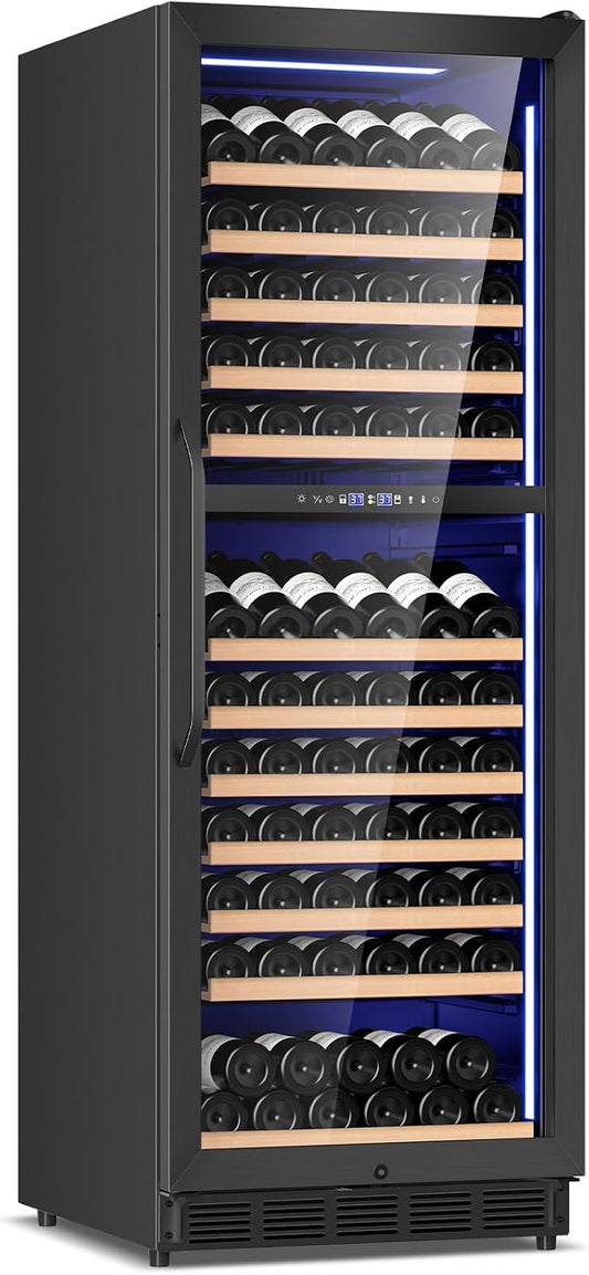 FoMup Wine Fridge Dual Zone, Freestanding Wine Cooler Refrigerator 180 Bottles Large Capacity with Sliding Rail Wooden Shelves and Door Lock, Black
