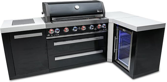 Mont Alpi 94"W x 50"D Black Stainless Steel L-shaped Modular Outdoor Kitchen Island + Infrared Side Burner + Refrigerator + 44"W 6-Burner BBQ Grill + Granite Countertops + Storage Cabinets & Drawers