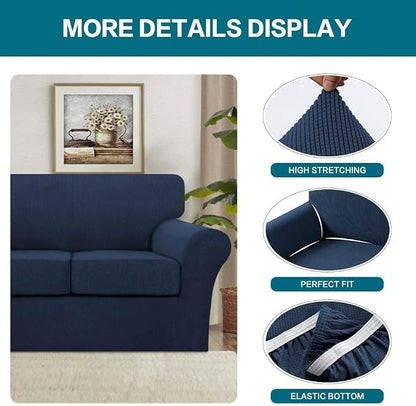 Turquoize 4 Piece Sofa Covers for 3 Cushion Couch Sofa Slipcover Soft Couch Cover for Dogs Washable Furniture Cover with 3 Individual Large Cushion Covers Feature Fabric (Large Sofa, Navy)