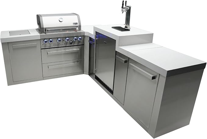 Mont Alpi Premium 82"W x 98"D Stainless Steel L-shaped Modular Outdoor Kitchen Island with 3-tap Kegerator Beer Dispenser + 32"W 4-Burner BBQ Grill + Granite Countertops + Storage Cabinets + Drawers