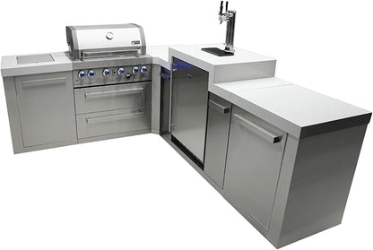 Mont Alpi Premium 82"W x 98"D Stainless Steel L-shaped Modular Outdoor Kitchen Island with 3-tap Kegerator Beer Dispenser + 32"W 4-Burner BBQ Grill + Granite Countertops + Storage Cabinets + Drawers