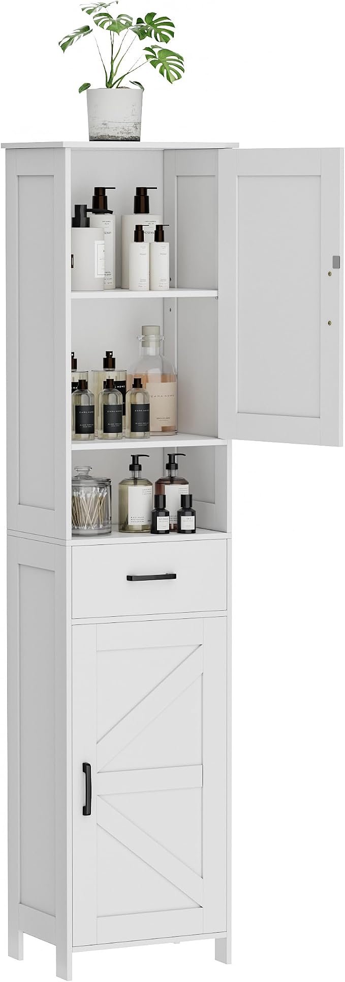 Homhedy 67" H Tall Bathroom Storage Cabinet with Barn Doors and Drawer | Narrow Storage Unit with Adjustable Shelves, Floor Cabinet for Bathroom, Living Room, Entryway or Kitchen, White, 15.7" W